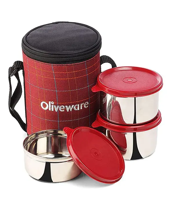 OLIVEWARE Bliss Lunch Box, 100% Leak Proof, 3 Stainless Steel Containers with BPA Free Airtight Lids (300 ml, 450 ml, 600 ml), Fabric Bag - Red & Blue